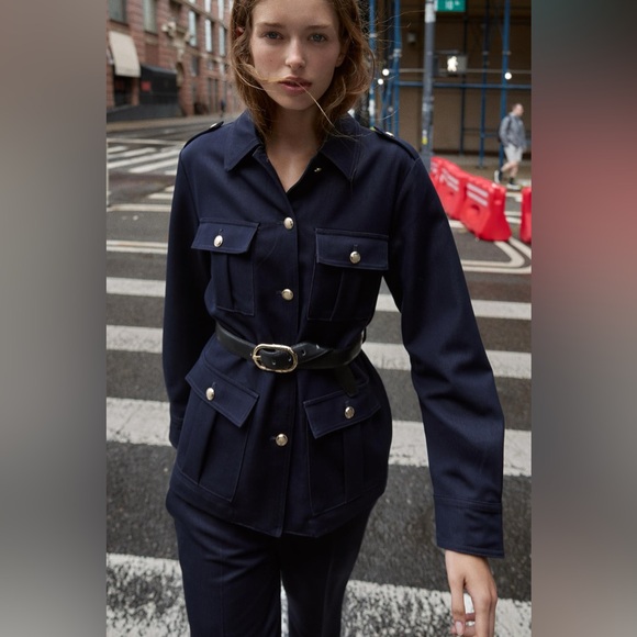 Zara Jackets & Blazers - Zara NWT Blue Patch Pocket Lapel Collar Long Sleeve Jacket w/ Gold Buttons (XL)